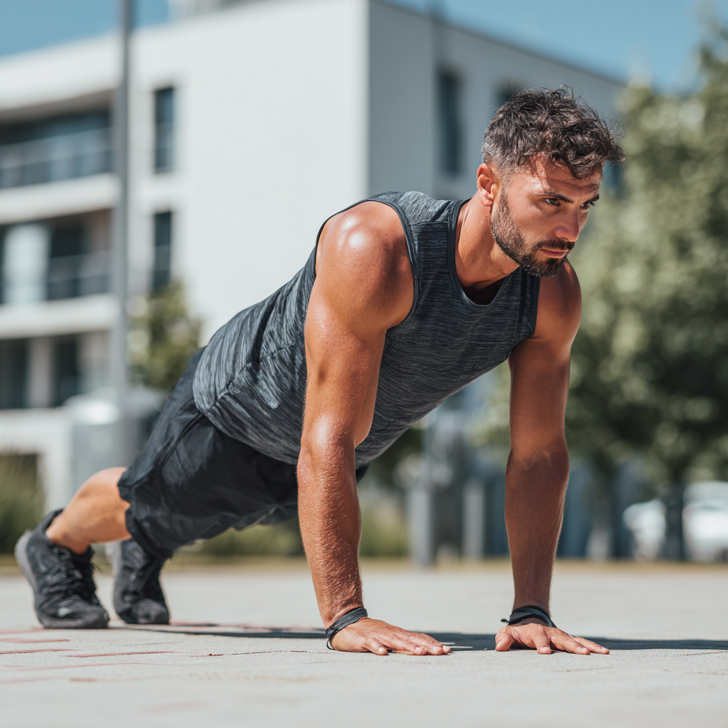 Атлетичний чоловік демонструє правильну техніку виконання функціональних вправ на свіжому повітрі
