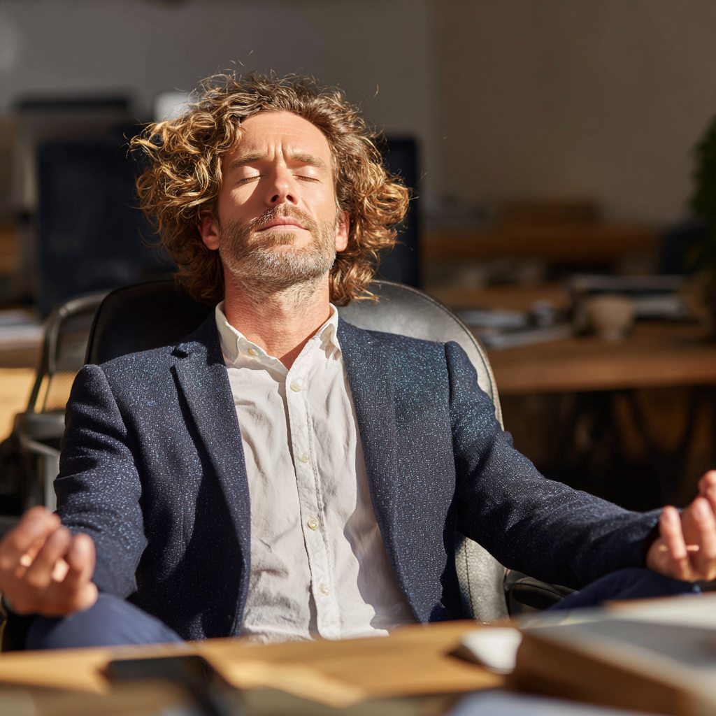 Впевнений бізнесмен медитує в сучасному офісі, демонструючи ментальну стійкість та концентрацію