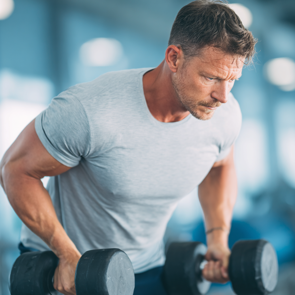 Сильний чоловік виконує тренування з гантелями в сучасному спортзалі, демонструючи фізичну силу та дисципліну